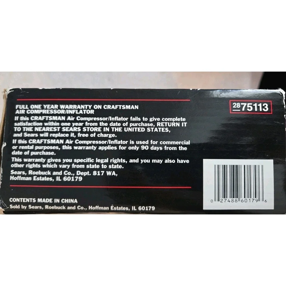 Craftsman 2875113 Portable Air Compressor / Inflator 12V 250PSI
